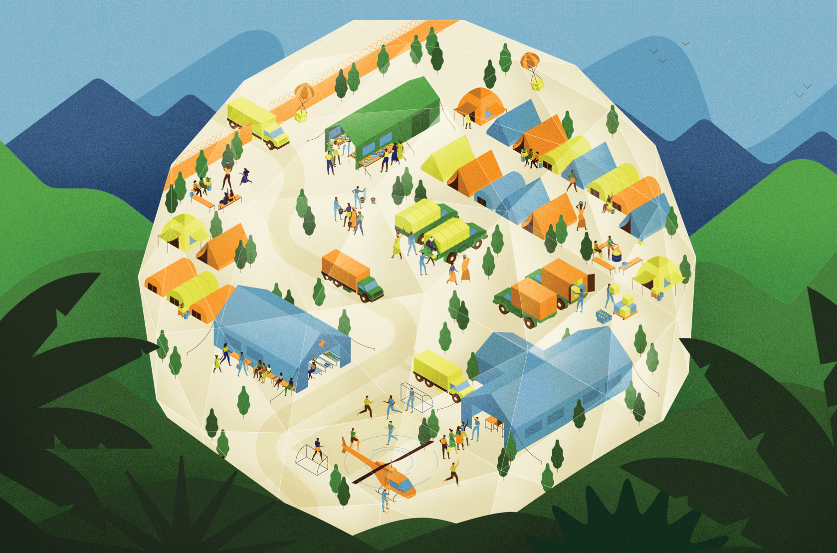 Illustration of people and tents