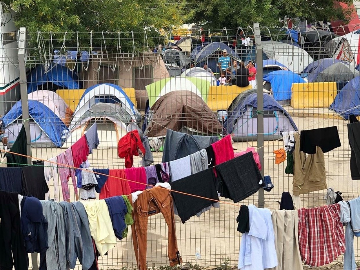 Tents and laundry of asylum seekers at the US Mexico border