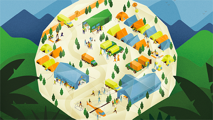 An illustration of a refugee camp with buildings, tent and people moving about.